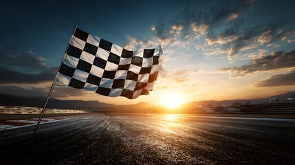Obraz premium Checkered flag waves at sunset on a race track; blurred cityscape and bright sky
