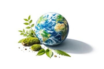 Planet Earth replica casting shadow on white surface symbolizing sustainability focus
