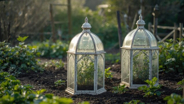A pair of Victorian vegetable cloches in a Devon allotment garden, highlighting sustainable food cultivation, World Food Day