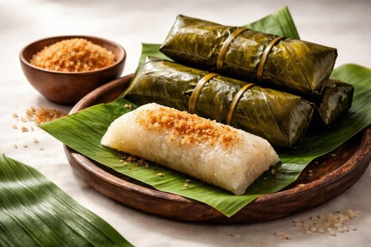 Banana leaf wrapped suman sticky rice set against white background