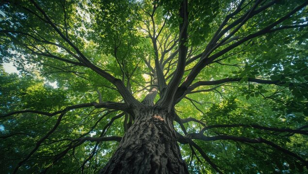View upward through a dense canopy of green leaves, highlighting seasonal foliage and natural growth - Powered by Adobe