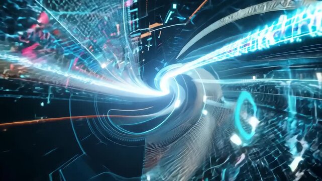 An abstract visualization of a futuristic technology interface featuring glowing blue energy streams and dynamic circular patterns. ideal for representing innovation, digital communications, and tech-