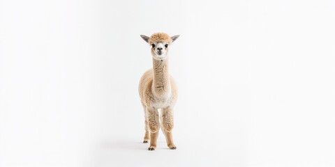 Obraz premium Young alpaca with light fawn coat isolated on white, showing typical fleece characteristics