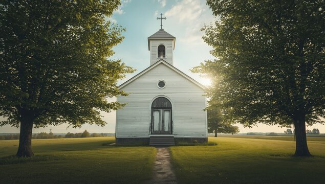 Historic church entrance with white and green facade, wooden details, surrounded by trees, used as a background for layout or design projects, Earth Day