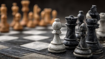 Fototapeta premium A close-up view of a chess board with figures, black and white, focus on the pawns