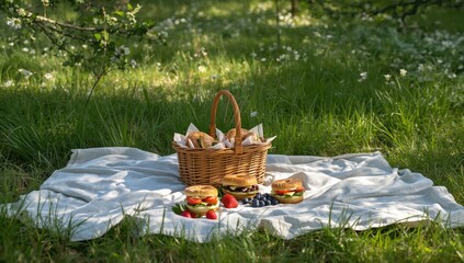 Outdoor brunch featuring bagel sandwiches and berries, suitable for casual gatherings