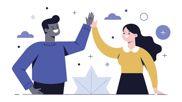 Two individuals joyfully giving each other a high five, expressing camaraderie and achievement..eps