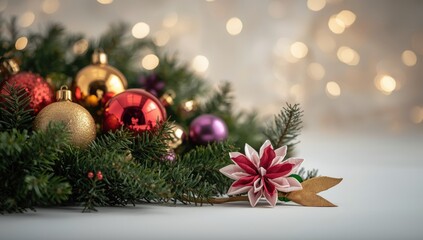 Holiday ornaments including Christmas balls and bow with paper pirkka flower, seasonal decor element