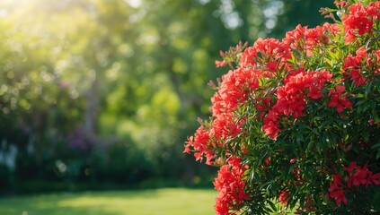 Naklejka premium Cluster of red oleander flowers and green leaves, useful as decorative landscape elements, World Plant Day