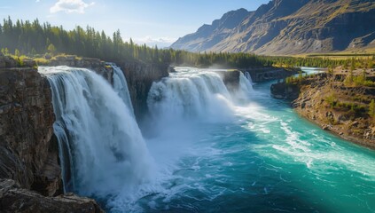 Flowing waterfall over rocky terrain in the Putorana Plateau, natural landscape preservation