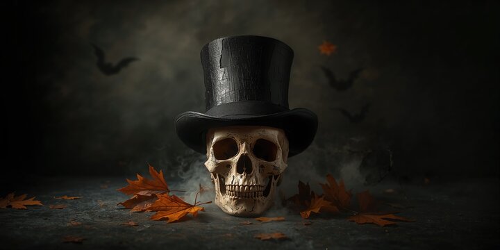 A skull with a hollow jaw and aged top hat used as Halloween decor, spooky costume accessories