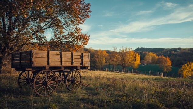 Antique wagon set against fall foliage, highlighting rustic country life scenes