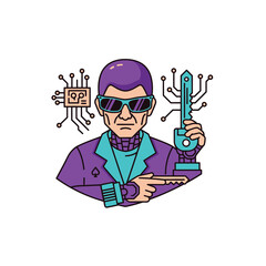 Man in Sunglasses Holding a Futuristic Key and Circuit Board.