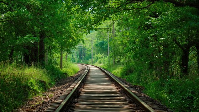 Wooden walkway running parallel to railway lines beneath dense green foliage, ideal for ecological maintenance