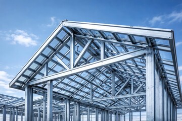 Obraz premium Blue sky backdrop with a modern steel roof frame illustrating progressive building material use