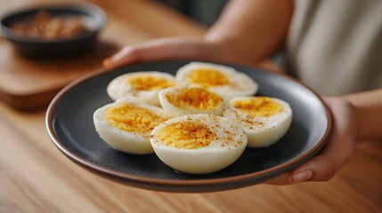 A plate of halved boiled eggs seasoned with spices held over a wooden table