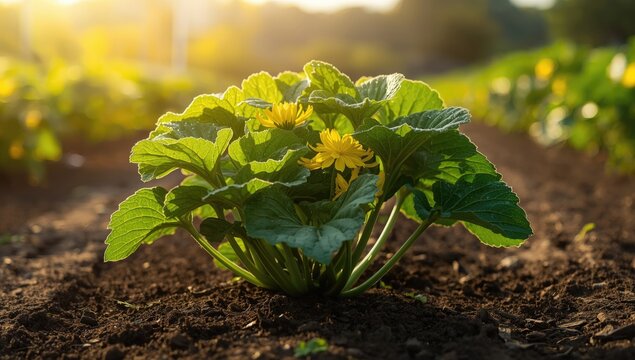 Growing green squash in a garden setting, highlighting seasonal crop development and sunlight exposure