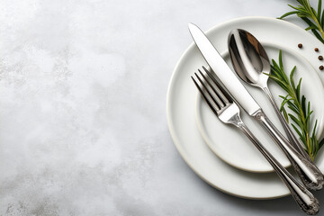 Elegant table setting with stainless steel cutlery fork knife and spoon on white plate with rosemary on light textured background