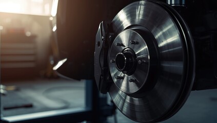 Fototapeta na wymiar Close-up of a vehicles brake disc assembly highlighting mechanical repair work and automotive components