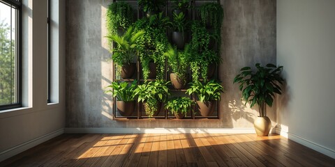 Obraz premium Vertical indoor garden featuring hanging pots, designed for interior green space enhancement