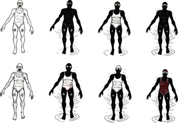 Obraz premium Human transformation silhouette vector, stylized character evolution, artistic identity shift, black graphic icon, conceptual design, psychological progression, abstract figure illustration