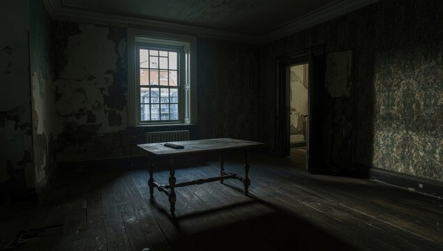 A haunted house scene featuring an aged dark room with deteriorating walls and floor, decay and neglect