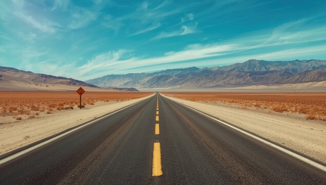 Death Valley landscape with a long, deserted road in the desert, highlighting seasonal change during peak summer