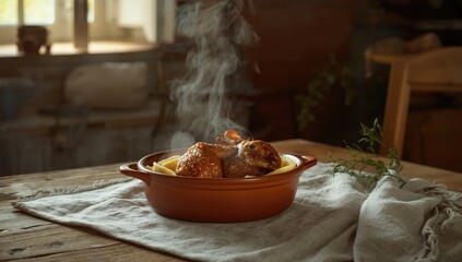 Rustic Balkan cuisine with rabbit meat served alongside pancakes in a cast iron pot, highlighting traditional fire-based preparation