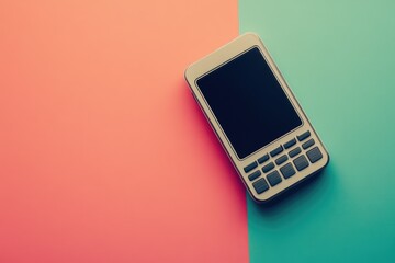 Retro calculator on colorful background with keypad and screen. Space for text