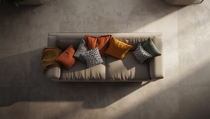 Top view of sofa with cushions, emphasizing interior decor arrangement for home styling