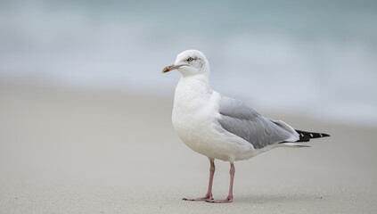 Fototapeta premium Closeup of a seagull on the shoreline with soft focus background, highlighting avian habitat
