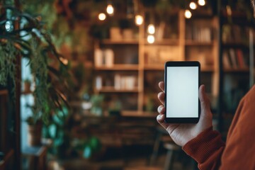 Indoor cozy cafe setting with male hand holding smartphone displaying blank screen