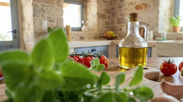 A vibrant and inviting close-up showcases a bounty of fresh, organic culinary ingredients arranged artfully on a rustic wooden cutting board. Lush green sprigs of oregano, ripe red cherry tomatoes sti