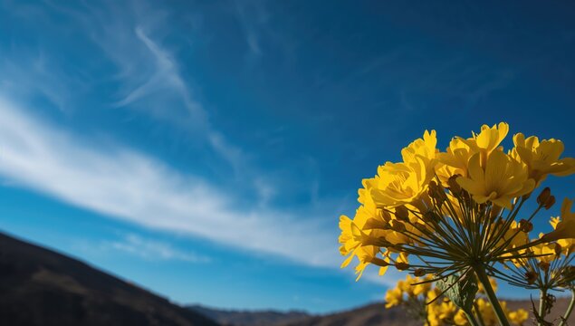 Leh Ladakhs yellow blooms against a clear blue sky, highlighting alpine flora during summer