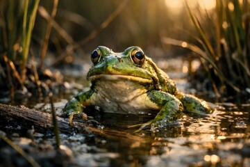 Obraz premium Sprightly green frog coming up from shallow water in marsh zone