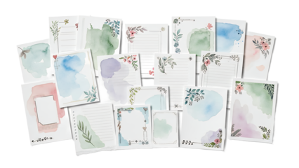 Collection of assorted stationery and cards with floral designs and watercolor patterns displayed neatly on a white surface