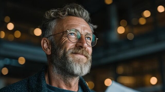 Senior male AI ethics officer smiling while reviewing responsible AI checklist for industrial deployment in modern office,