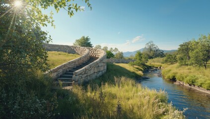 Fototapeta premium Spiral wall in bushland, functioning as a landscape boundary in a natural setting