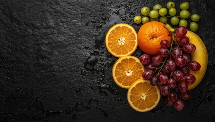 Fototapeta premium Assorted fresh fruits on a black stone slab serving as a neutral backdrop for display
