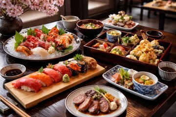 Selection of colorful Japanese cuisine set on a table in a refined restaurant