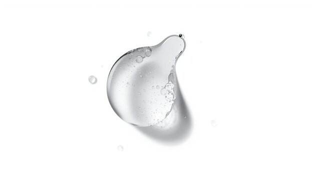 Macro shot of a transparent serum drop highlighting gel texture, intended for skincare formulations, on white backdrop