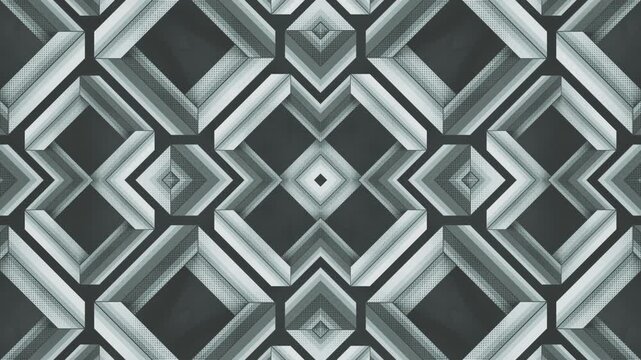 Seamless 3D animation of intertwining gray rhombuses. A monochrome geometric pattern with a halftone texture and an optical illusion. Stylish retro design