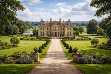 Obraz premium A regal mansion situated on a broad estate with vibrant green views