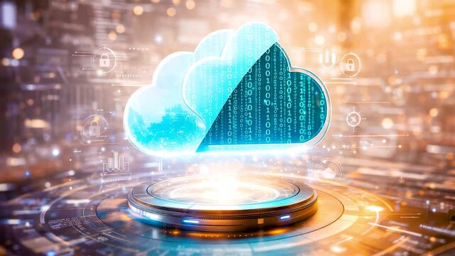 Secure cloud computing platform with glowing data storage visualization and scalable server infrastructure for enterprise operations