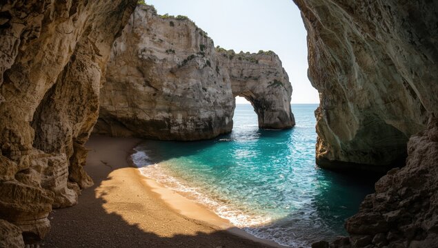 Seaside cave of Haxhi Ali featuring cliffs for snorkelling and diving, popular recreational spot, pirate hideout since 18th century