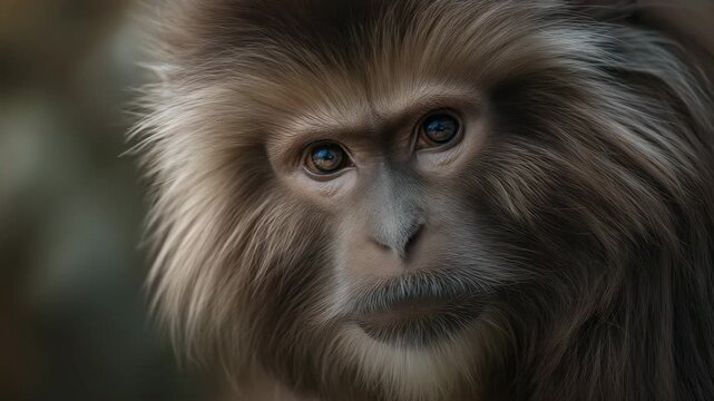 Contemplative Primate Portrait A close-up portrait of a captivating monkey, its intelligent eyes and expressive face revealing a depth of thought, set against a blurred background.