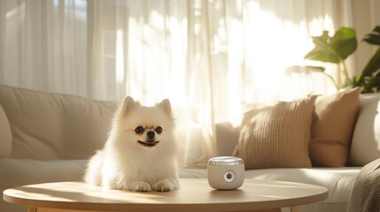 Fluffy pomeranian relaxing on table in sunlit living room with smart speaker