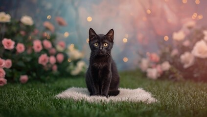 Indoor scene with a black cat lounging in a cozy setting illuminated by soft lights, highlighting pet relaxation