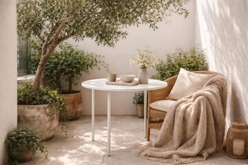 quiet terrace spot with a minimalist table, shaded plant, and soft woolen blanket