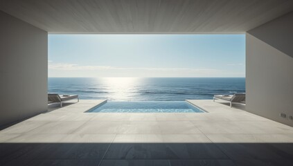 Luxury residence featuring a patio and pool setup with a sunny ocean backdrop, highlighting leisure space